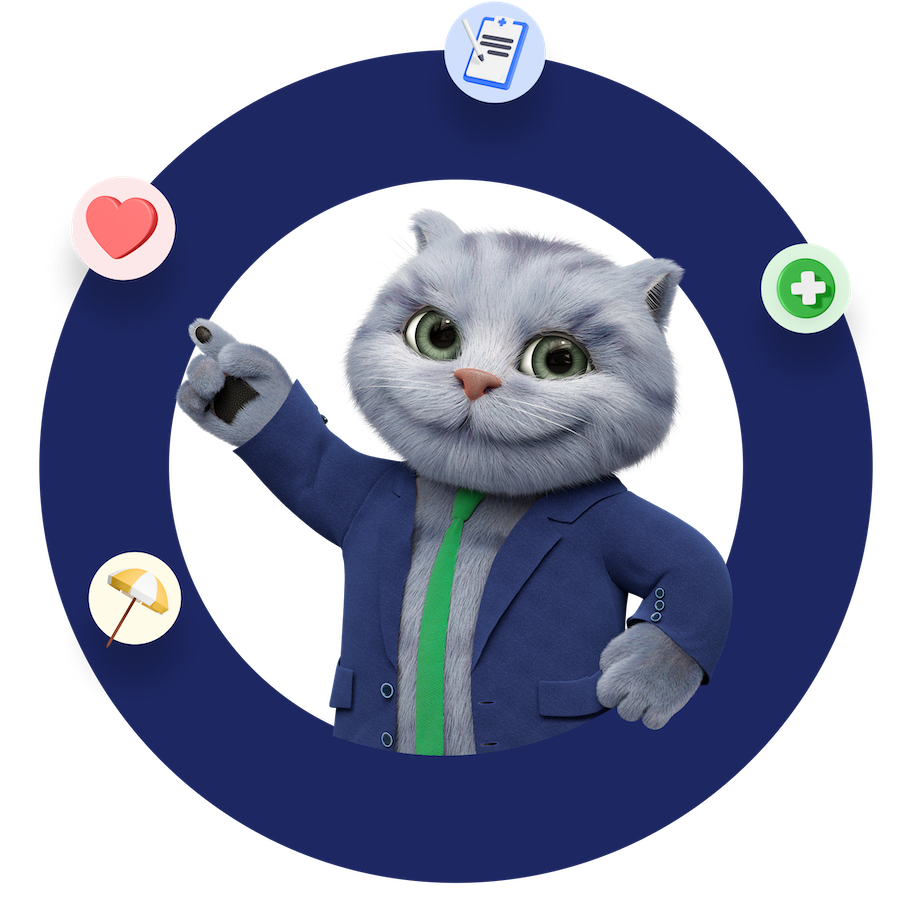Gato gris con una chaqueta azul y corbata verde, el cual se encuentra sonriente apuntando hacia arriba para anunciar el CYBER DAY.