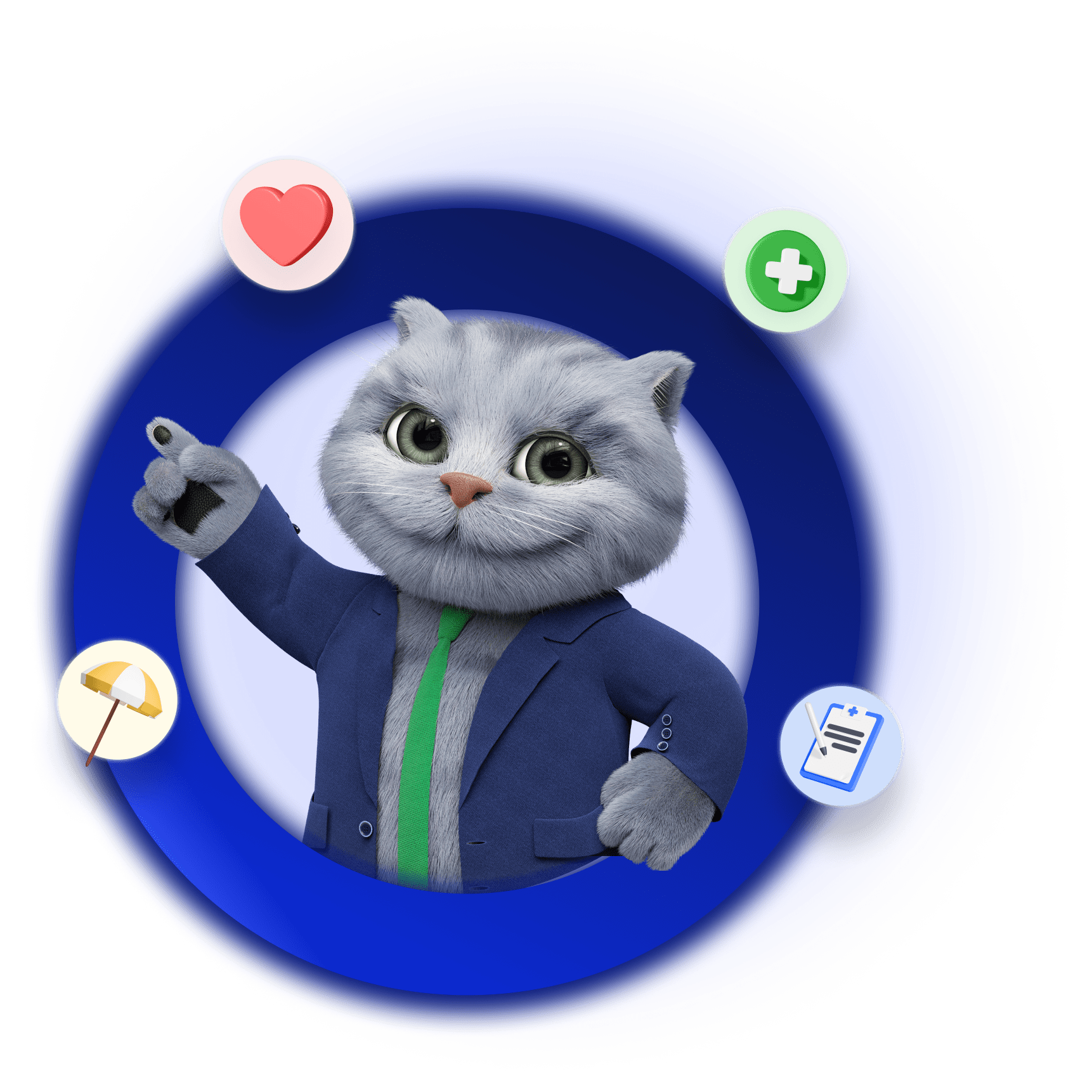 Gato gris con una chaqueta azul y corbata verde, el cual se encuentra sonriente apuntando hacia arriba para anunciar el CYBER.